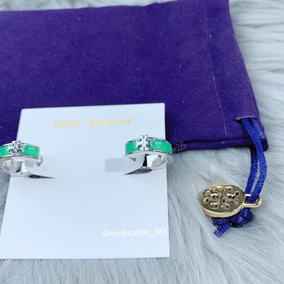 Tory Burch Kira Enamel Huggie Hoop Earring Shiny Hematite/green - Picture 5 of 5